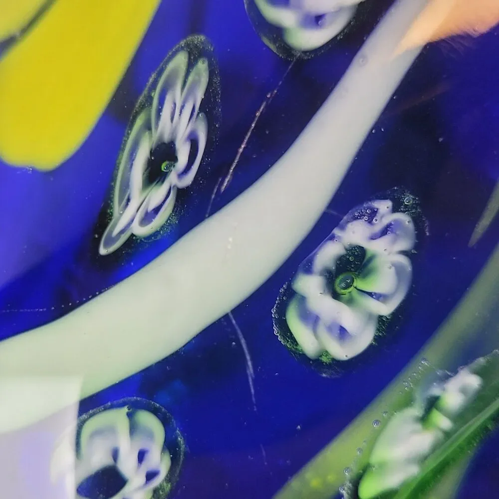 Kusak Art Glass Paperweight Pedestal Vase Cobalt Blue with Cased Flowers 5.5”